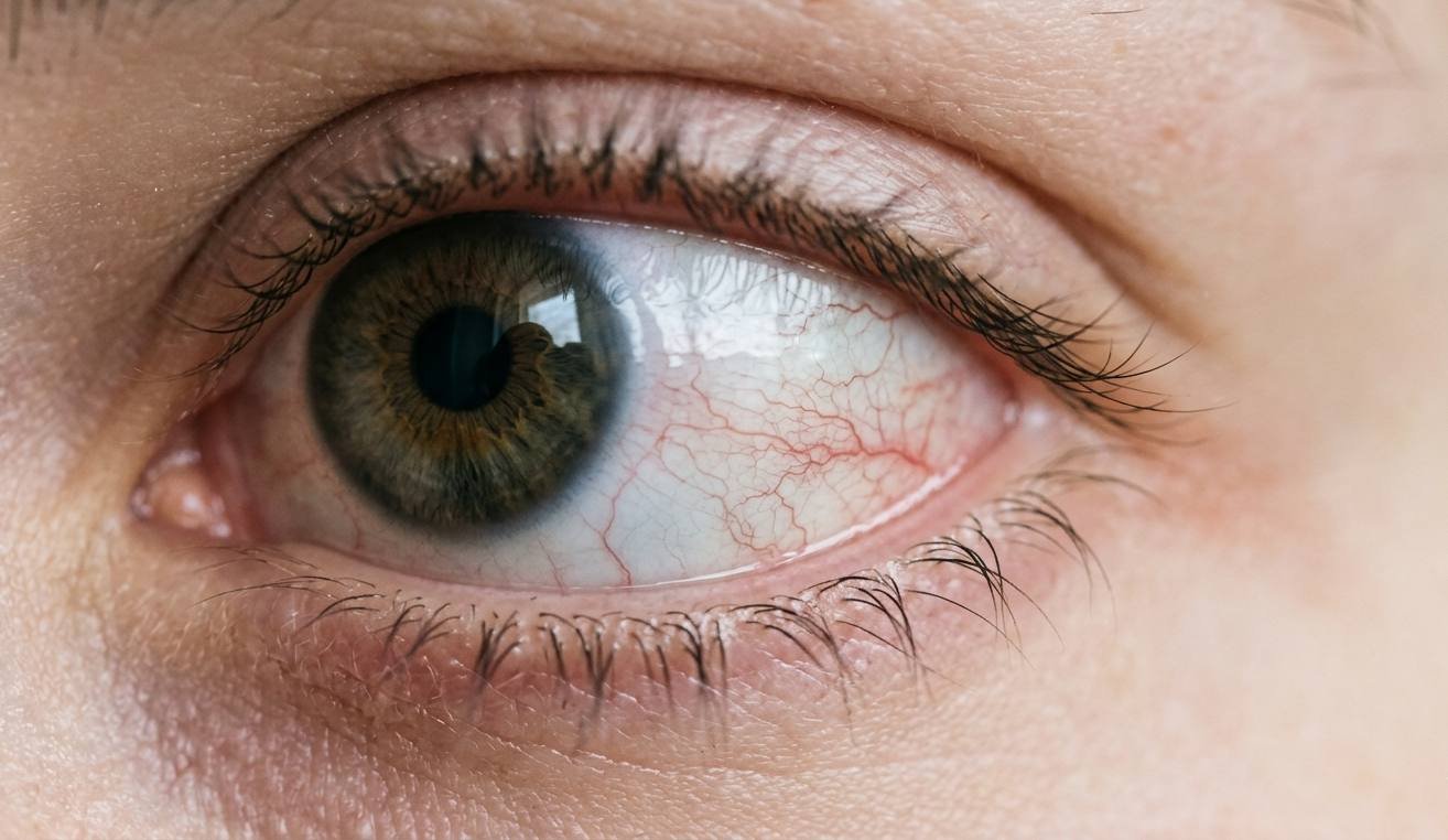Close-up of a human eye showing red eye causes including visible redness and inflamed blood vessels on the white of the eye