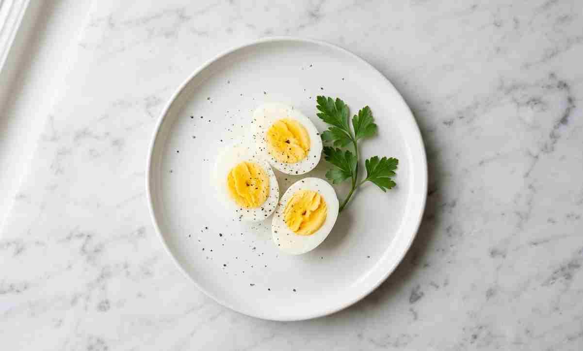 Two halved hard boiled eggs on a white plate with a sprinkle of black pepper
