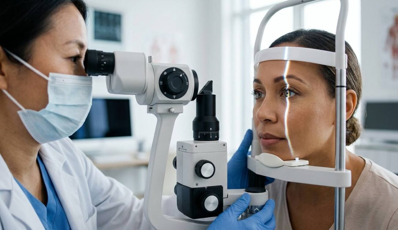 Eye doctor examining a patient for acquired heterochromia.
