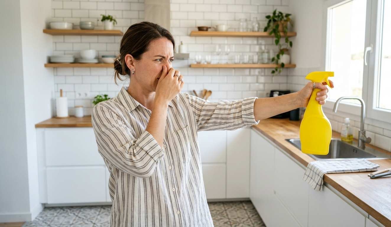 Person covering nose near a kitchen cleaning bottle in a bright tiled room
