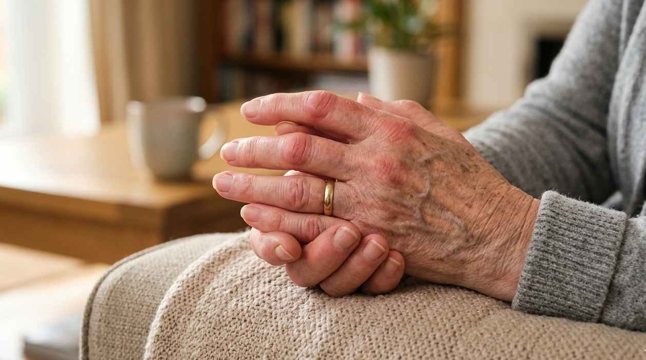 Elderly woman holding her painful hand joints, illustrating arthritis symptoms
