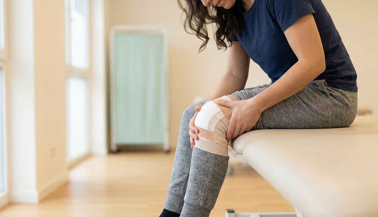 A person holding their knee in pain after ACL surgery showing signs of swelling and discomfort