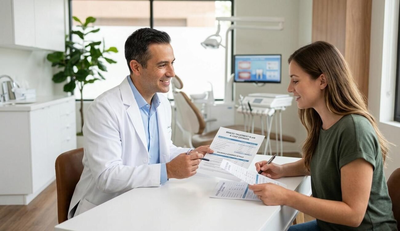 Orthodontist discussing braces costs, insurance coverage, and payment plans with patient