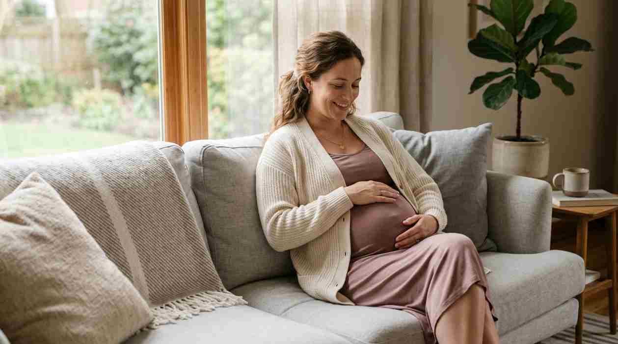 Pregnant woman timing contractions on her smartphone while resting on a couch