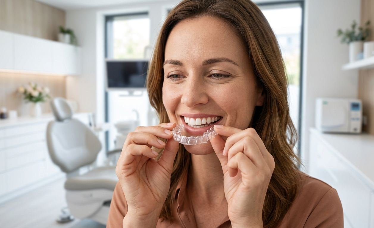 Adult holding clear aligner trays before orthodontic treatment
