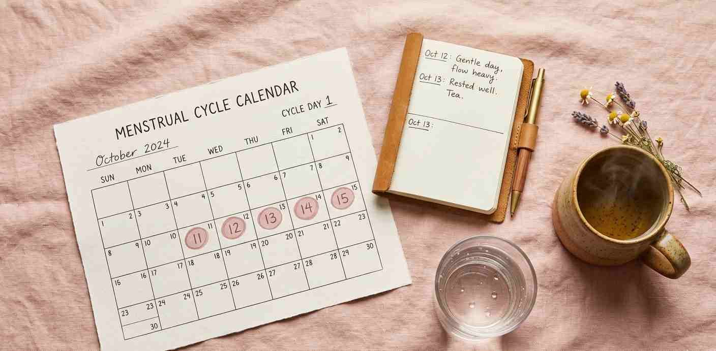 Calendar marked with cycle dates next to a glass of water and a journal on a wooden table