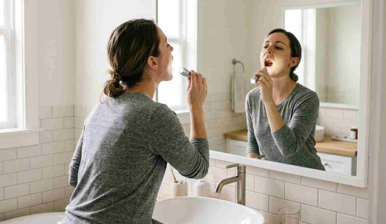 Person tilting head back in front of bathroom mirror examining their throat