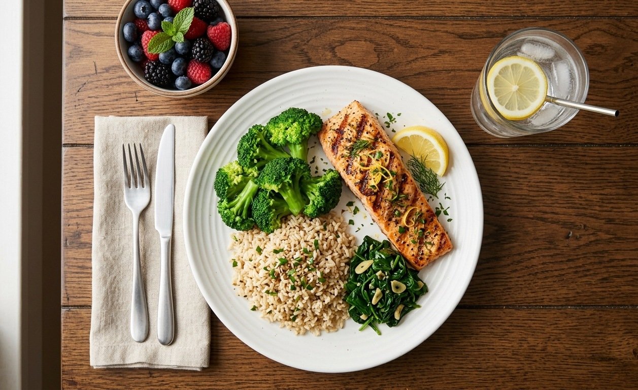 Plate of fresh vegetables, whole grains, and fish next to a glass of water