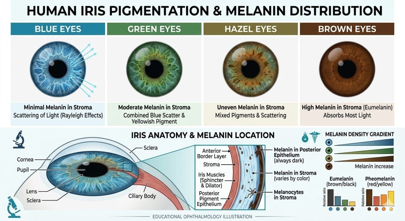 Illustration showing how melanin levels affect eye color and heterochromia.