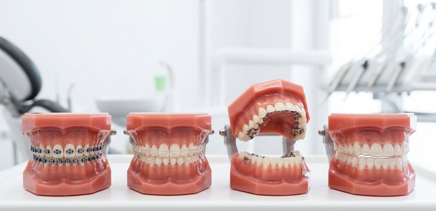 Different types of braces including metal braces, ceramic braces, lingual braces, and clear aligners displayed side by side