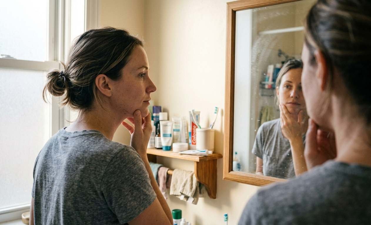 Woman looking in mirror wondering how to get rid of a double chin