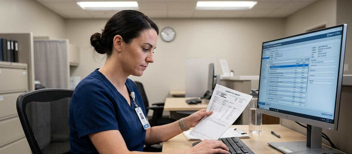 : Healthcare professional reviewing a lab report with potassium values highlighted on a tablet