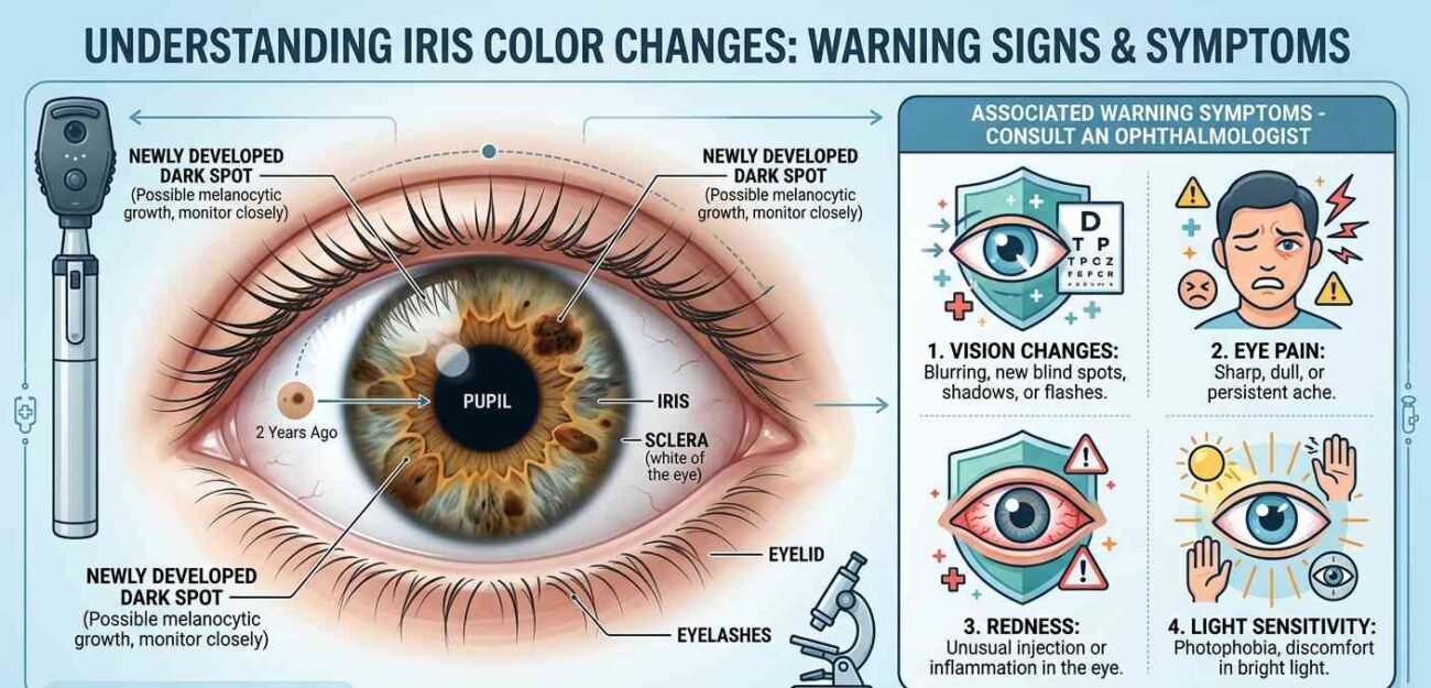 Warning signs that a change in eye color should be evaluated by an eye doctor.