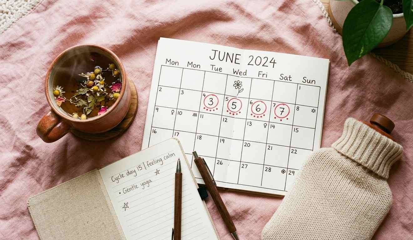 Menstrual cycle calendar with notebook and tea representing a guide to jelly-like blood clots during period