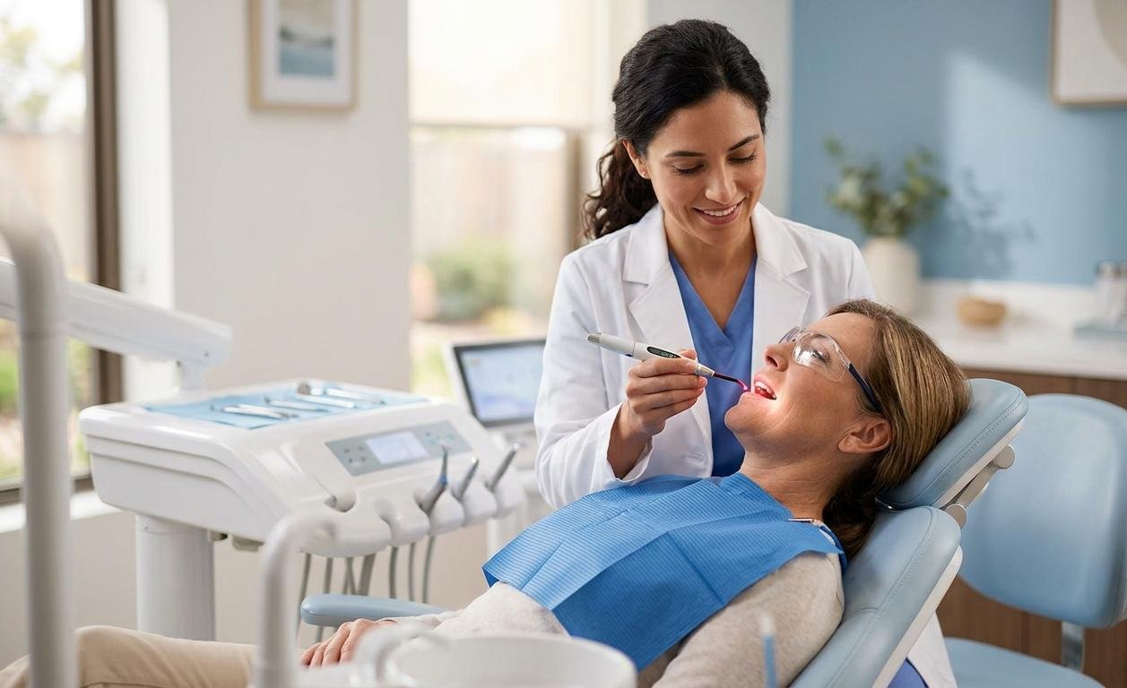 “dentist performing laser dentistry treatment on patient in modern clinic”
