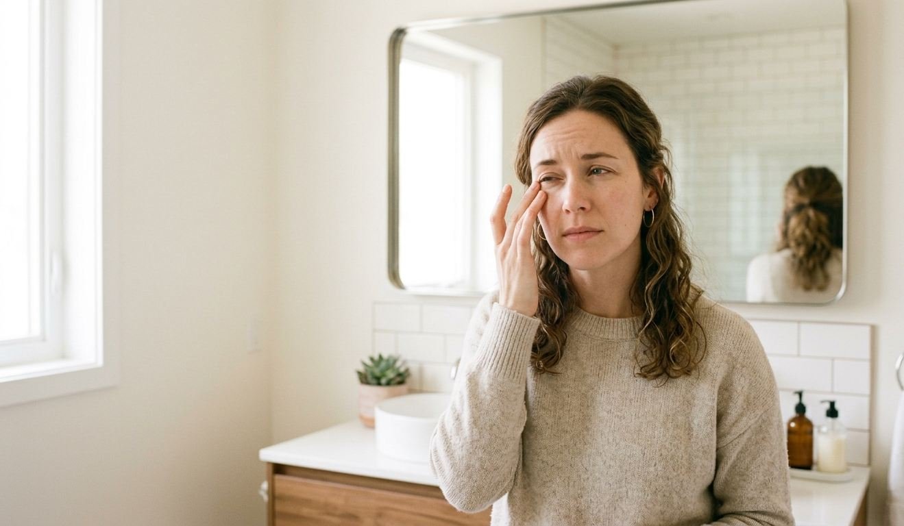 Woman gently touching the side of her left eye while looking concerned at her reflection