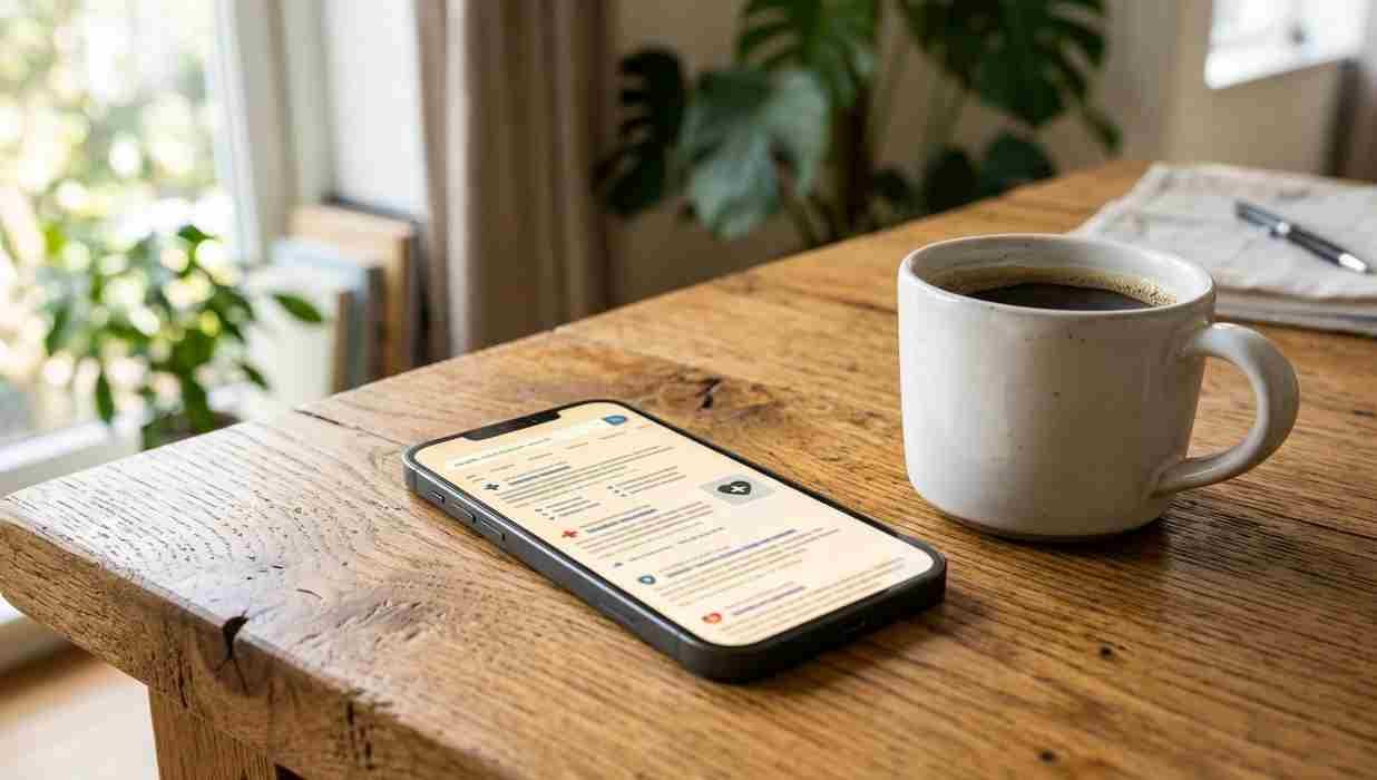 Smartphone screen showing a search engine results page on a wooden desk