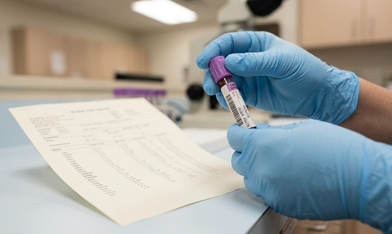 Lab technician holding a blood sample tube next to a printed test report