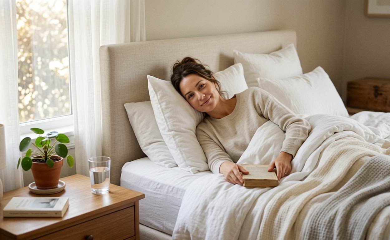 Woman resting comfortably in bed during myomectomy recovery with a warm blanket and glass of water on bedside table