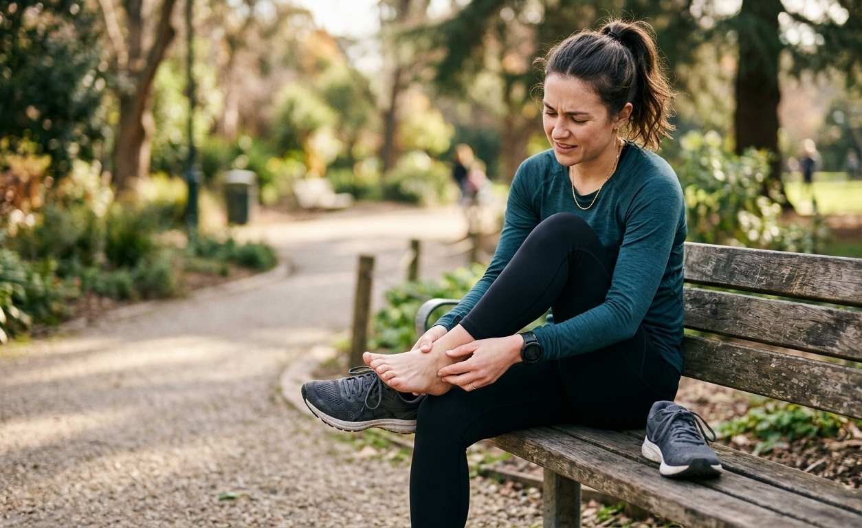 Person holding the top of their foot in pain on top of foot while sitting on a sports bench after running