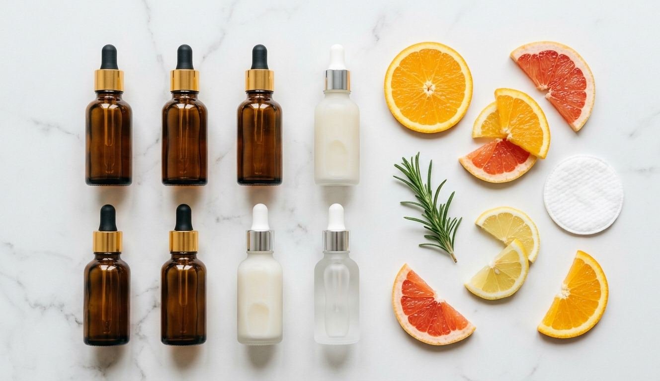 Assortment of face serum dropper bottles representing a Pilgrim face serum review and ingredient guide