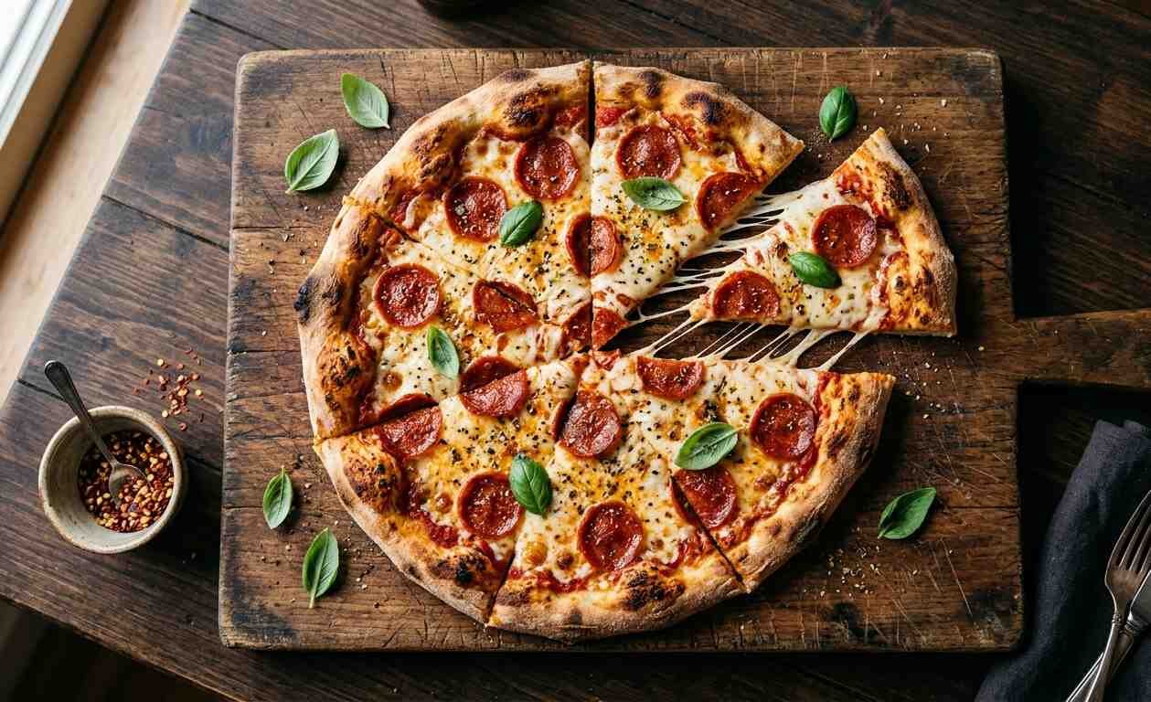 Slices of pepperoni pizza on a wooden board illustrating the health effects pizza causes when eaten regularly