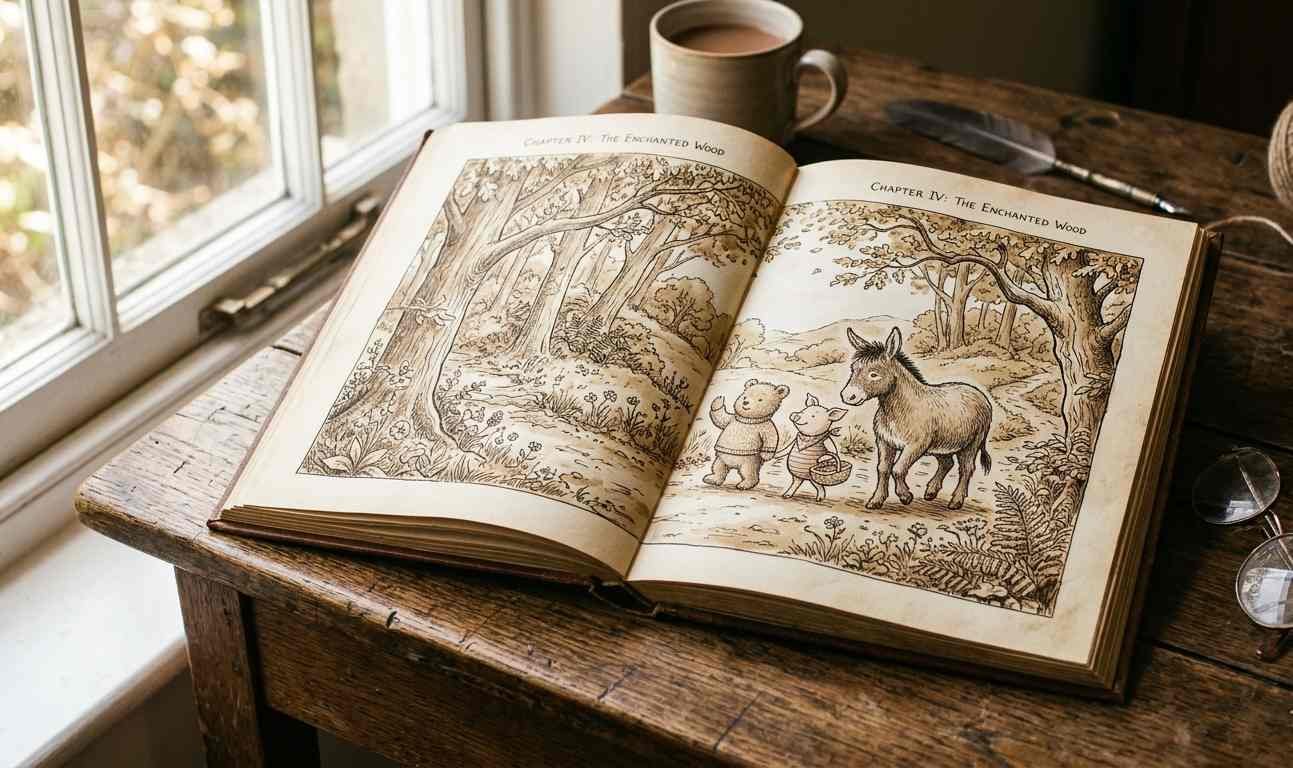 Open vintage Winnie the Pooh storybook showing original A.A. Milne characters used in the Pooh mental illnesses theory