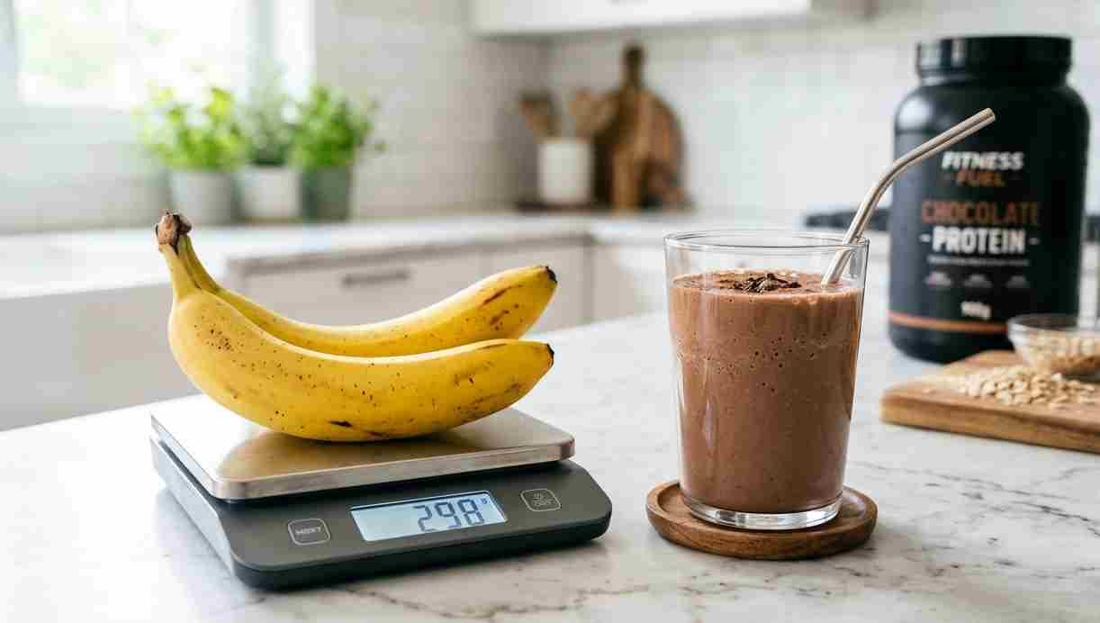 Two ripe yellow bananas placed on a kitchen scale next to a protein shake