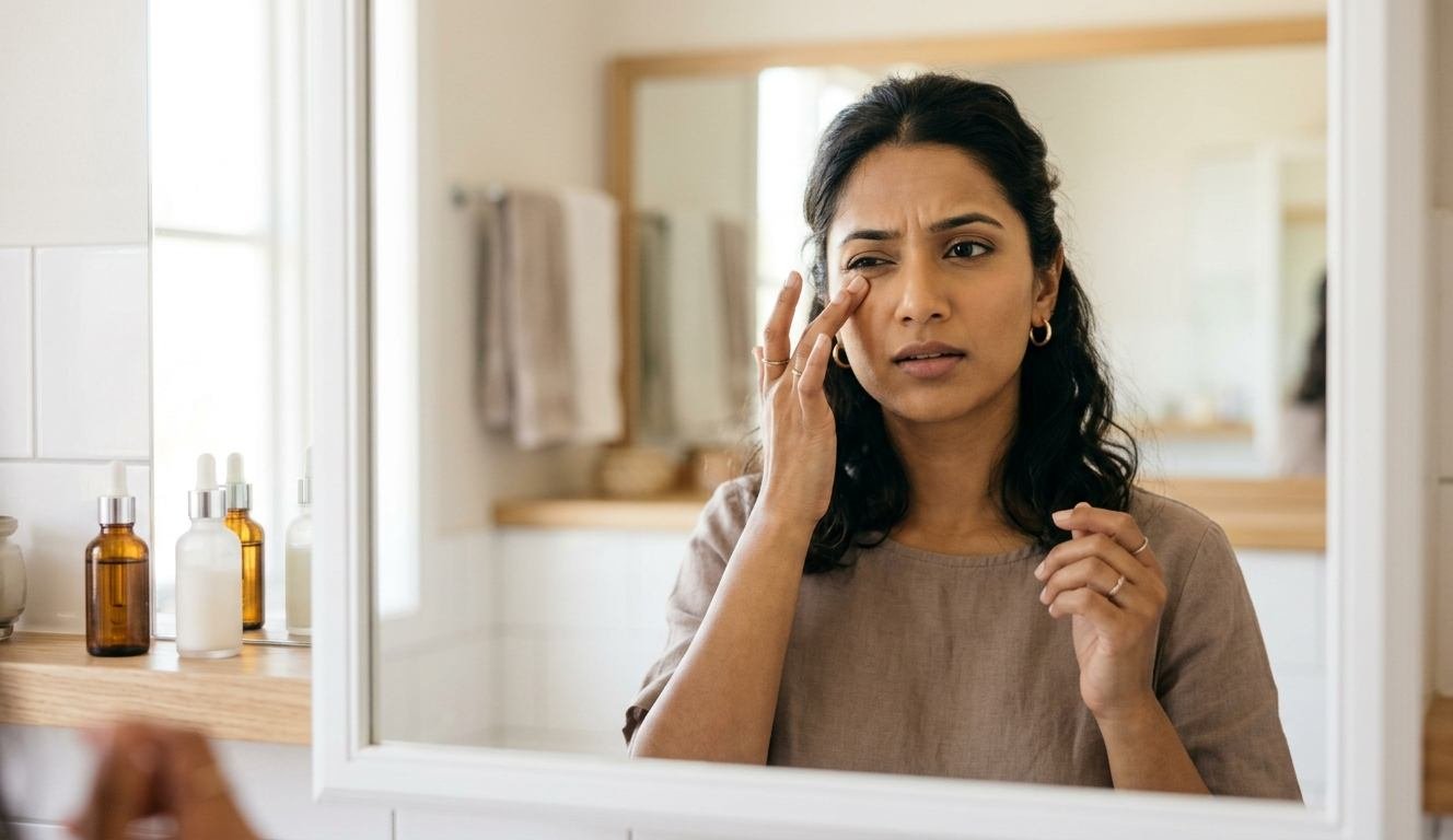 Woman gently touching the corner of her right eye in front of a bathroom mirror