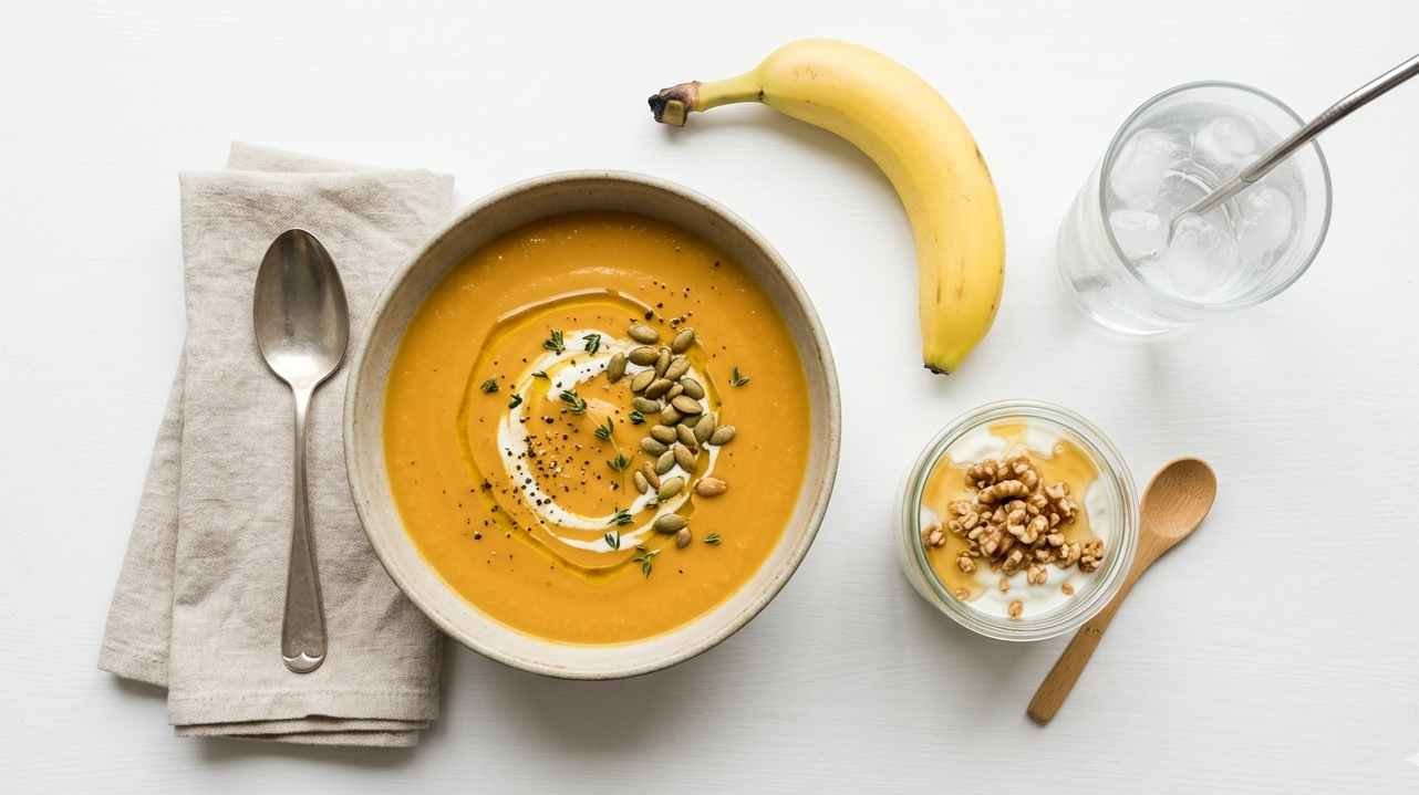 A bowl of blended soup, Greek yogurt, and banana arranged on a table as soft foods after dental surgery
