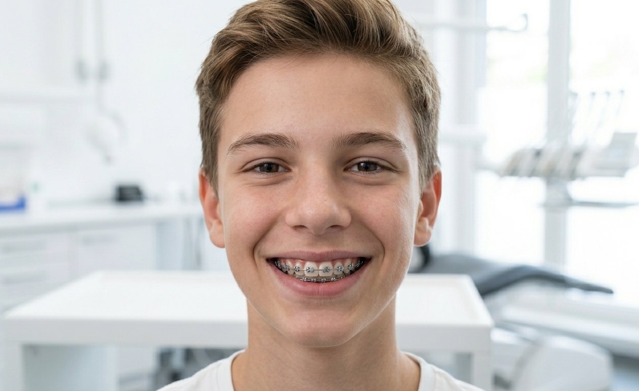 Teen smiling with traditional metal braces during orthodontic treatment