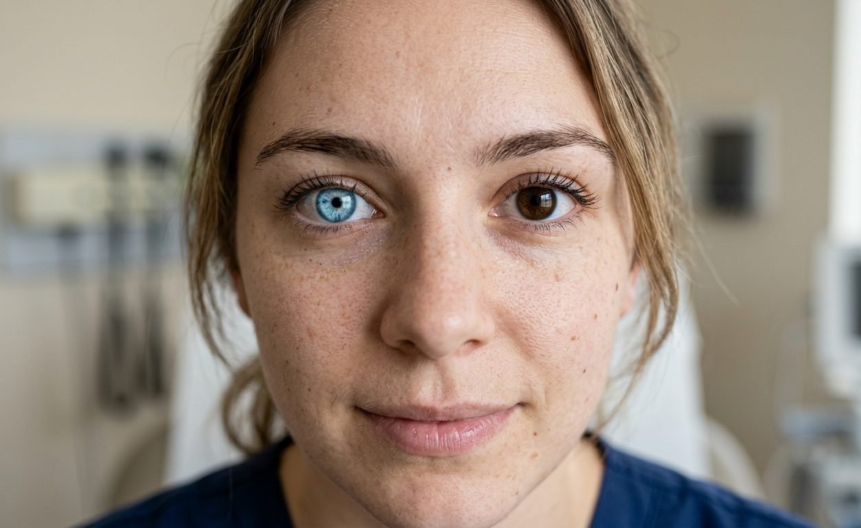 Person with two different colored eyes caused by heterochromia.
