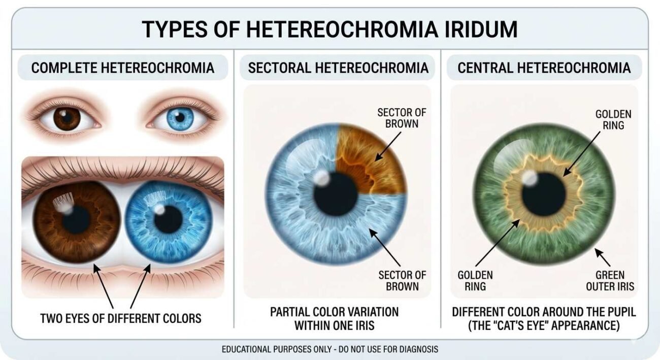 Comparison of complete, sectoral, and central heterochromia.