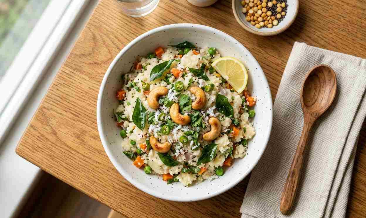 Bowl of South Indian upma garnished with curry leaves and cashews on a wooden table