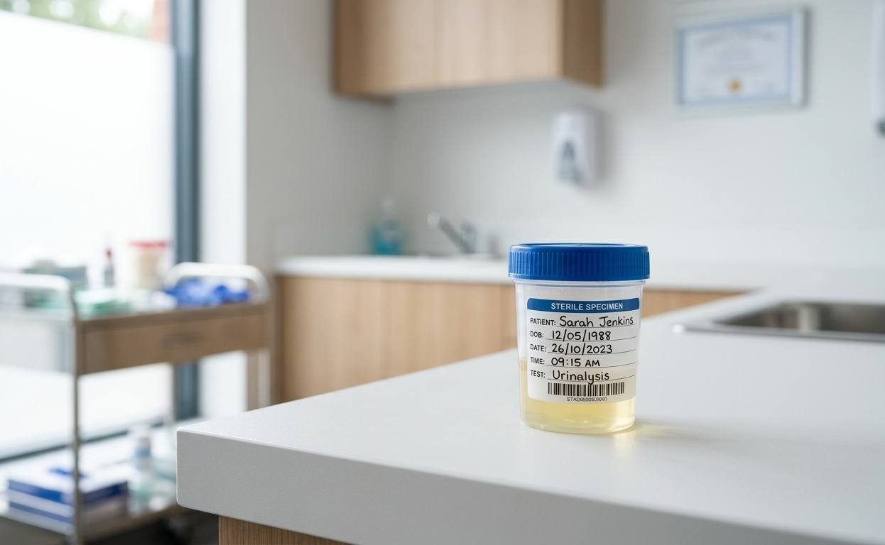 Urine test sample container in a medical lab for urinalysis diagnosis