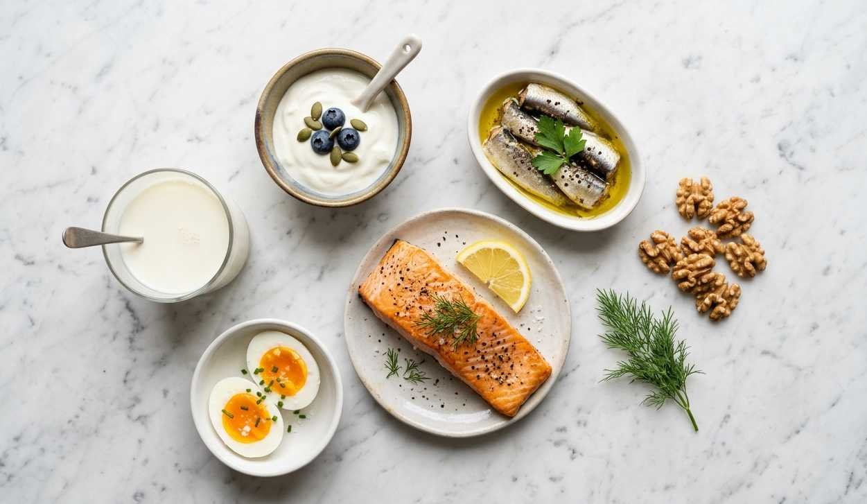 Selection of vitamin B12-rich foods including salmon, eggs, milk, and leafy greens arranged on a clean surface