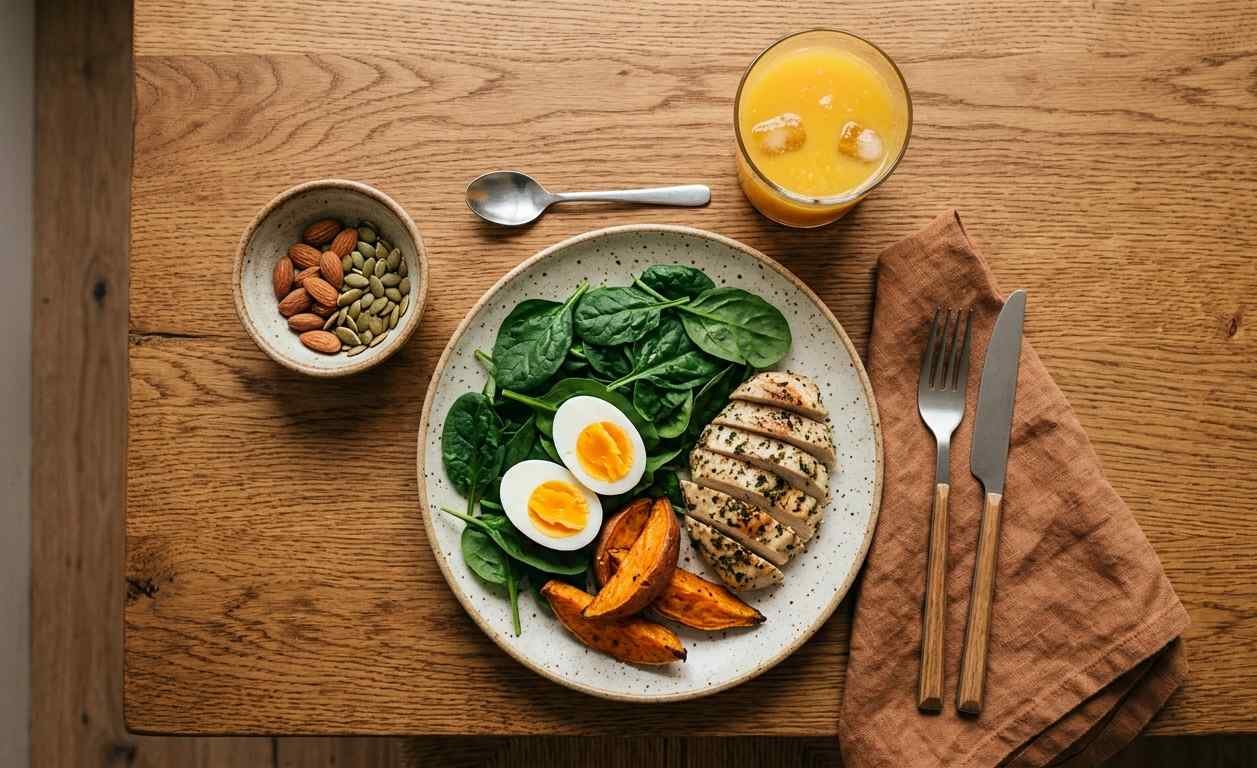 Healthy meal of spinach, eggs, lean meat, and nuts representing nutrients your body may be lacking when you get boils