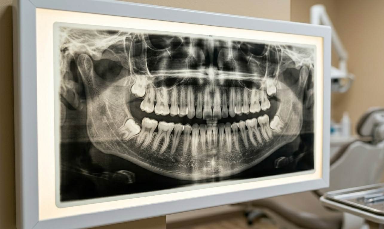 Panoramic X-ray showing wisdom teeth eruption in the jaw