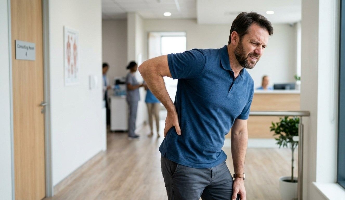 Man holding the lower right side of his lower back due to pain and discomfor