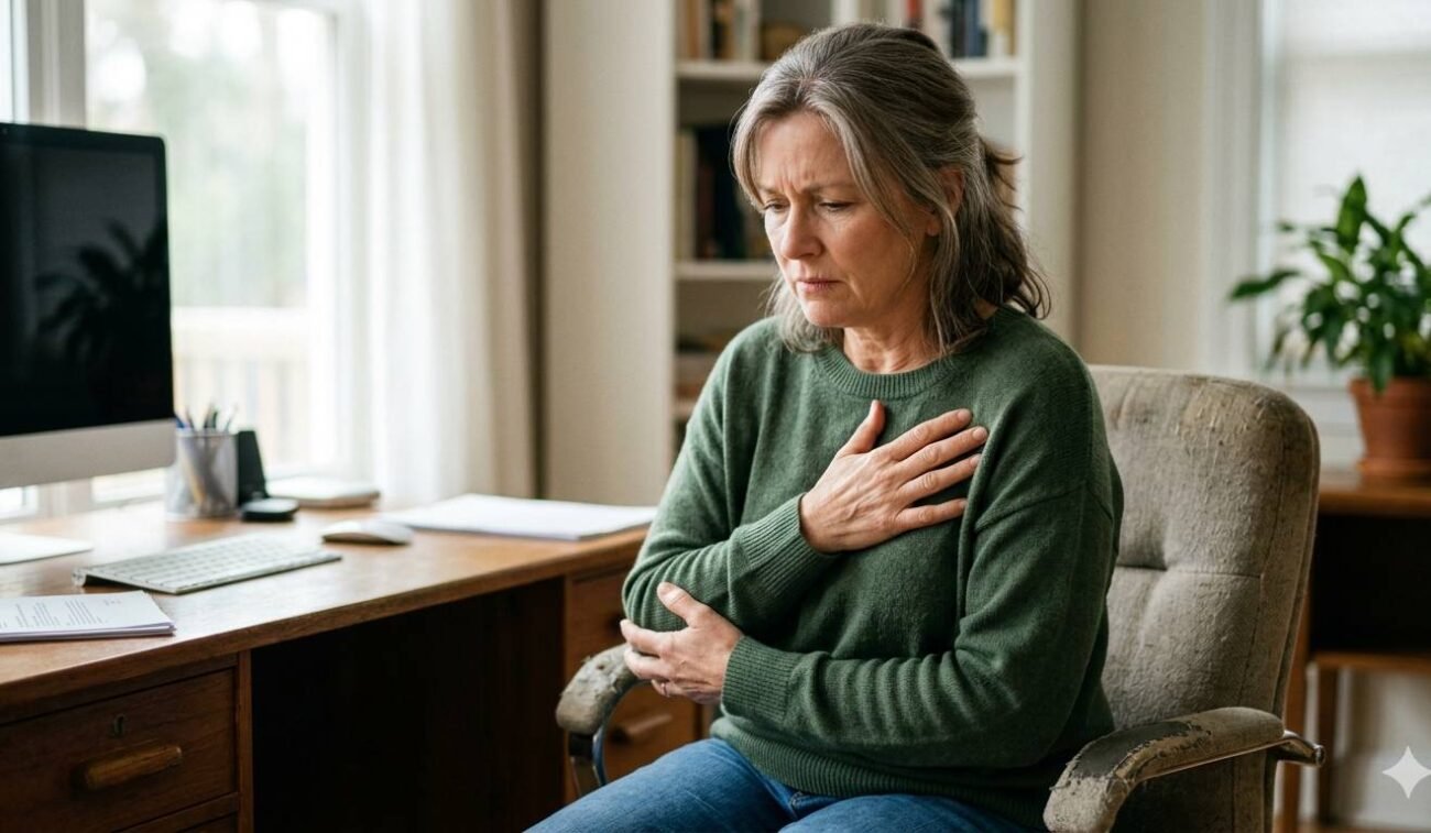 Person experiencing chest pressure and left arm discomfort that may indicate a heart attack