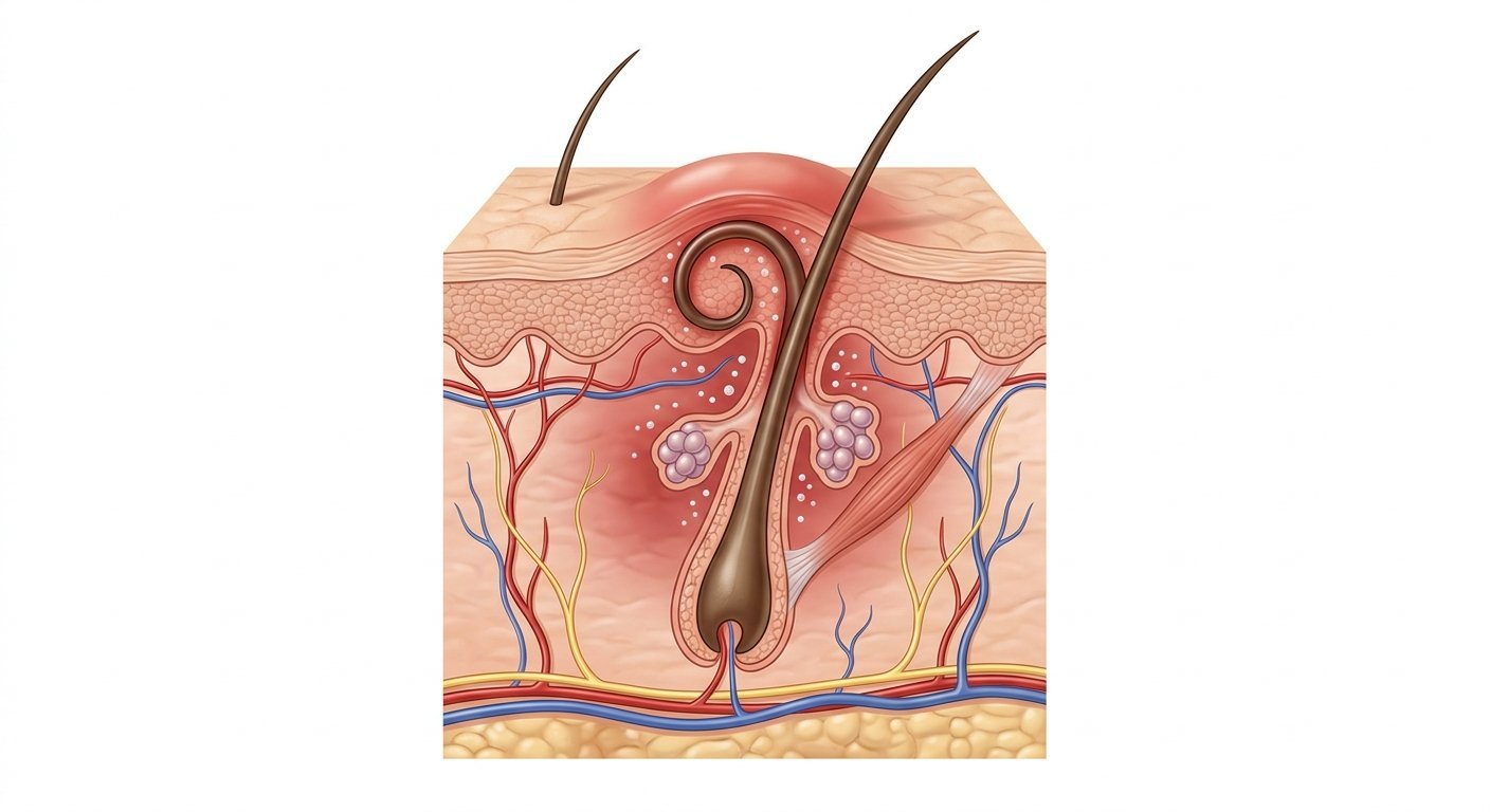 Ingrown hair turned into a hard lump under the skin in a hair follicle cross-section