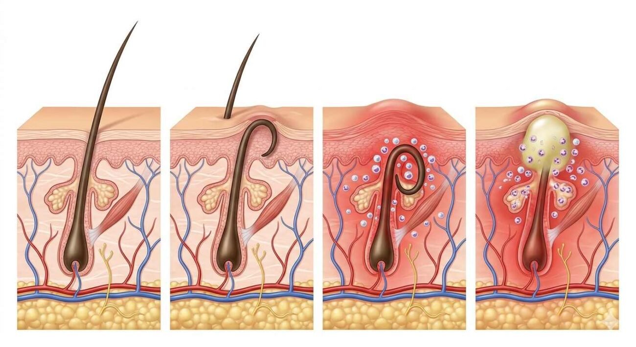 Diagram showing how a trapped hair causes inflammation and a hard lump beneath the skin