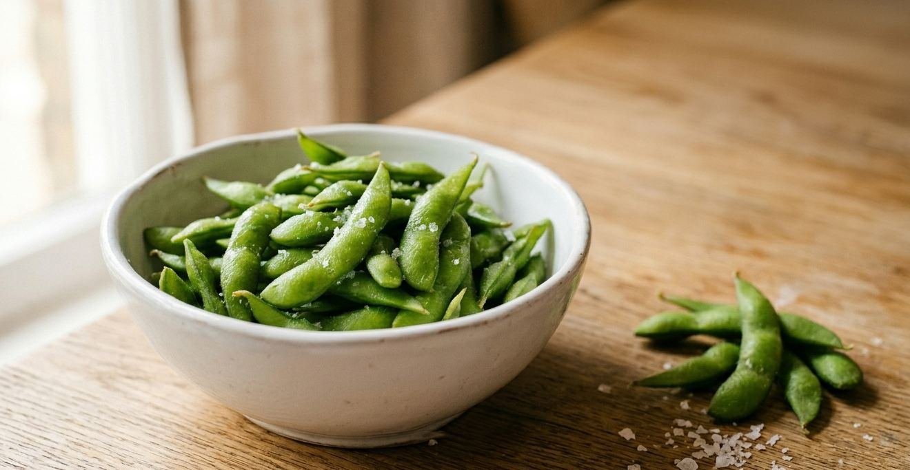 is edamame good for you – fresh green edamame pods in a white ceramic bowl on a wooden table