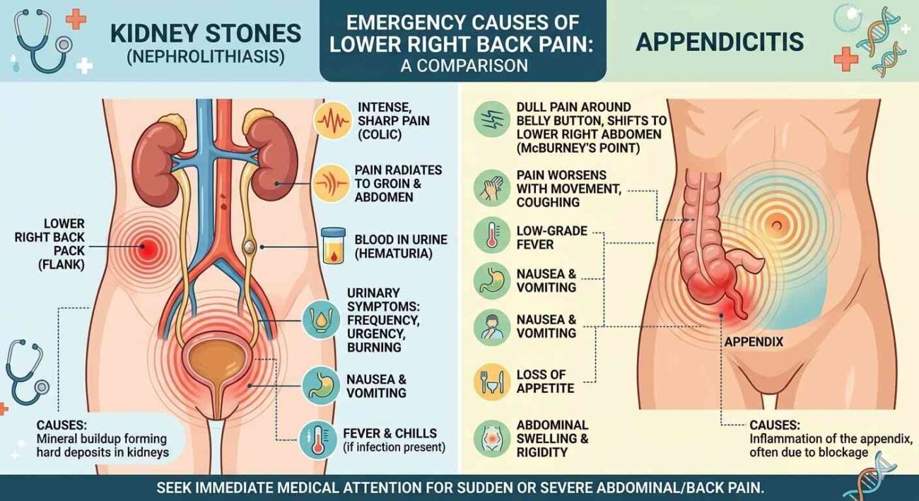 Illustration comparing kidney stone pain and appendicitis symptoms causing lower right back pain
