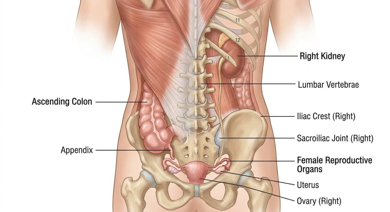 Anatomical illustration showing organs that can cause lower right back pain including kidney and appendix