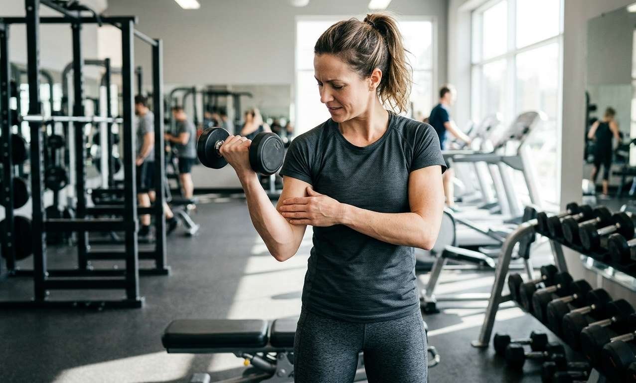 Person experiencing mild muscle strain in the left arm after lifting weights