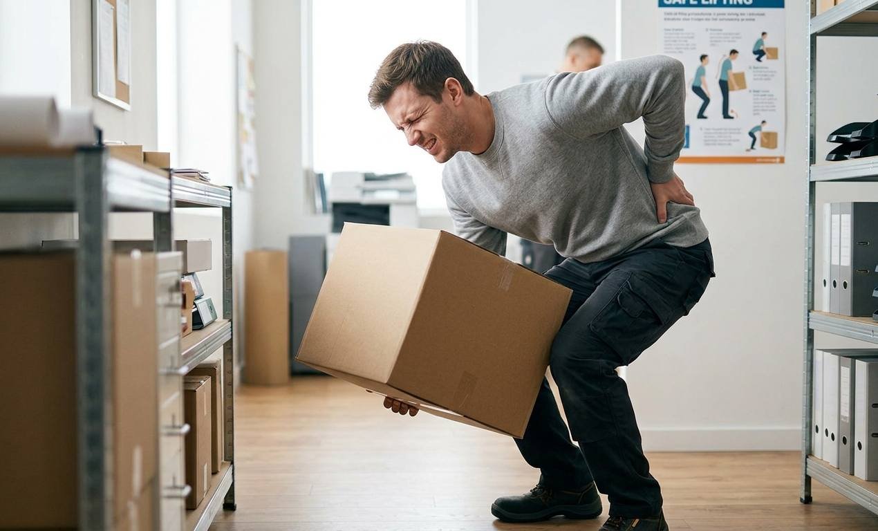 Person experiencing lower right back muscle strain while lifting a heavy box