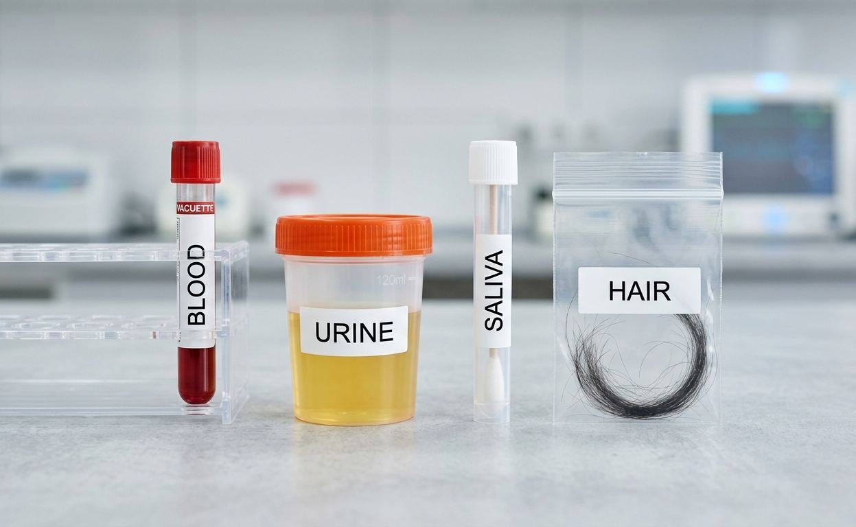 how long does nicotine stay in your system by test type – four sample vials representing blood, urine, saliva, and hair follicle tests