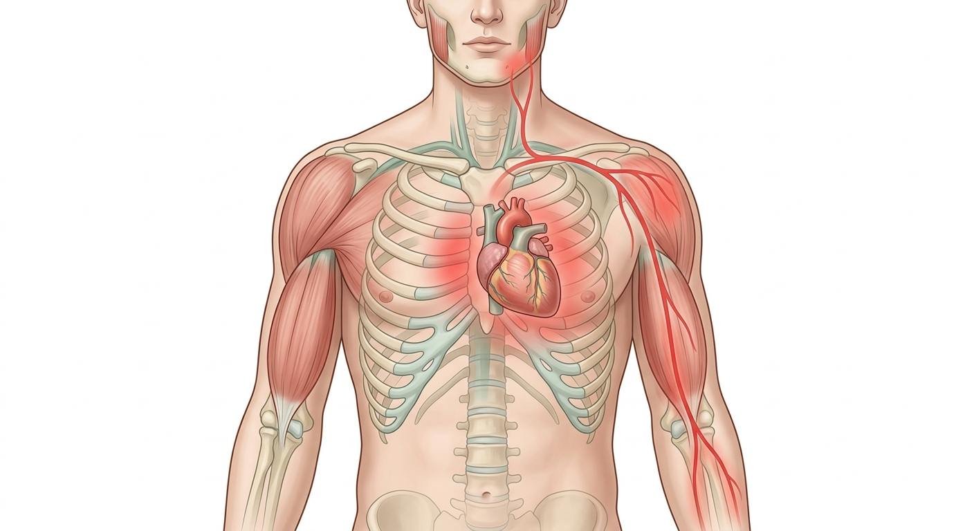 Illustration showing areas where heart-related pain may radiate, including the left arm, shoulder, jaw, and chest