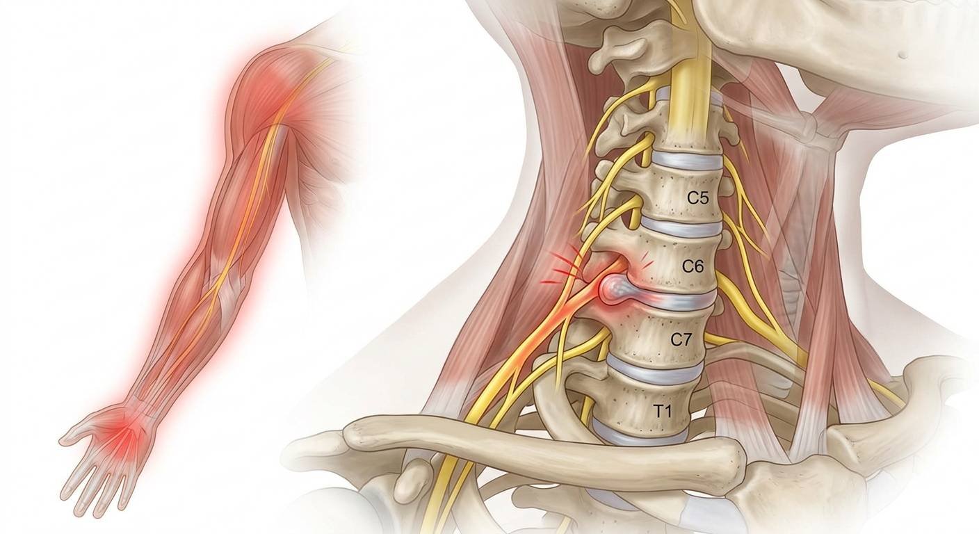 Medical illustration showing a compressed nerve in the neck causing pain down the left arm